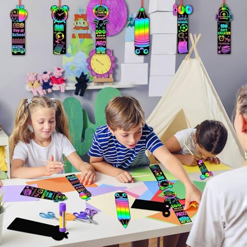 JUNEBRUSHS 30Pcs 100 Days of School Scratch Bookmarks, Rainbow Magic Scratch Paper Art for Kids 100 Days of School Craft for 100th Day of School Gifts Activities Project Party Favors - style: 100 Days of School Style