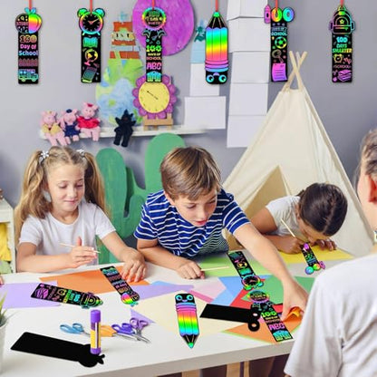 JUNEBRUSHS 30Pcs 100 Days of School Scratch Bookmarks, Rainbow Magic Scratch Paper Art for Kids 100 Days of School Craft for 100th Day of School Gifts Activities Project Party Favors - style: 100 Days of School Style