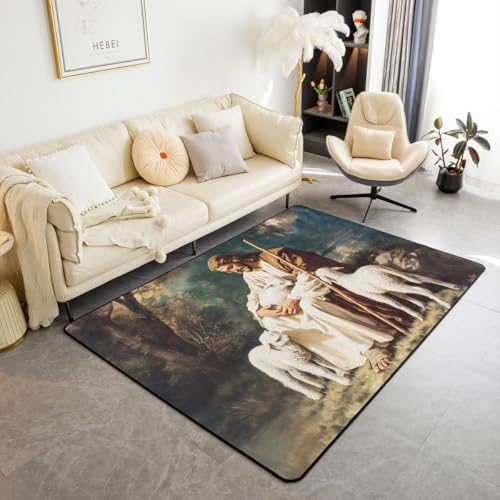 Manfei Cute Lamb Kids Area Rug,White Green Spiritual Vintage Indoor Floor Mat Entrance Rug for Girls,Natural Verse Faith Belief Non Slip Rug,Rustic Animal Couch Living Room Decor,3'x5' - color: A-white Green, size: 3'3" x 4'11" (Rectangular)