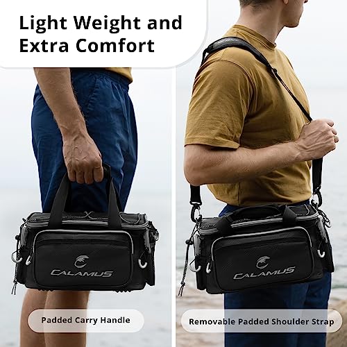 Calamus TB61 Fishing Tackle Bag, Fishing Gear, Gifts for Angler, Black | Saltwater & Freshwater Fishing Bags, Rip-Stop PE, Padded Shoulder Strap, Pliers Storage, Easy to Organize, Functional Design - color: D：Black(without trays)-14.3*9*7.5 inches