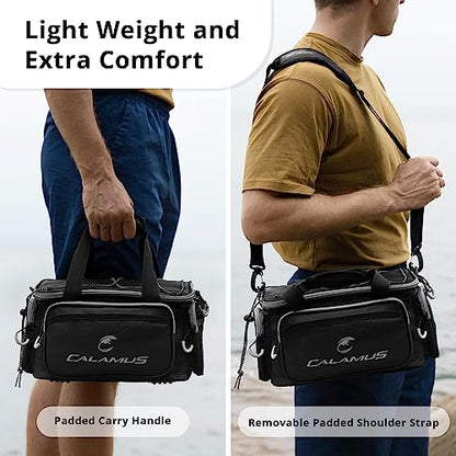 Calamus TB61 Fishing Tackle Bag, Fishing Gear, Gifts for Angler, Black | Saltwater & Freshwater Fishing Bags, Rip-Stop PE, Padded Shoulder Strap, Pliers Storage, Easy to Organize, Functional Design - color: D：Black(without trays)-14.3*9*7.5 inches
