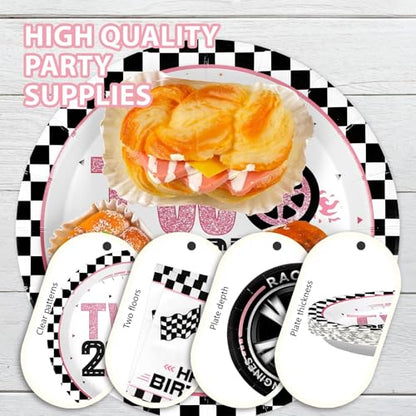 Grencian 96Pcs Two Fast Birthday Party Supplies Pink Race Car 2nd Party Plates and Napkins Checkered Flag Tableware for Kids Girls Racing Car 2 Year Old Birthday Decorations Serves 24 - style: Pink Racing Car 2nd Birthday