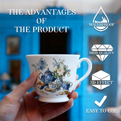 12 Pcs Blue Retro UV DTF Cup Wraps, 4.3 x 9.4 Inch Afternoon Tea UV DTF Transfer Stickers Waterproof Rub on Transfer Decals for 16OZ Glass Bottle Vase Furniture Crafts - style: Retro Afternoon Tea