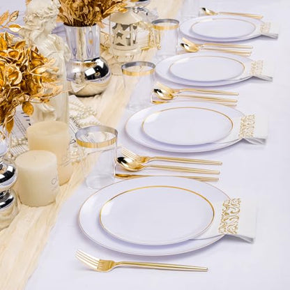 MirthMood 350Pcs White and Gold Dinnerware Set,Plastic plates Includes:50 Dinner Plates, 50 Dessert Plates, 150 Gold Plastic Cutlery,50 Paper Towels & 50 Cups for Party&Wedding - color: White, size: 350