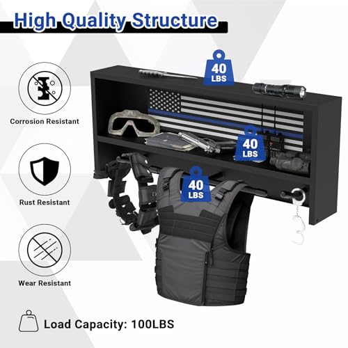 Neoaider Police Gear Rack, Police Hanger with Hooks | Tactical Duty Gear Rack Decor with Thin Blue Line Flag, Black Body Armor Stand for Police Gift - size: Wall Mounted Police Gear Rack