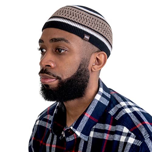 Breathable Cotton Stretchy Kufi for Men in Cool Designs - Helmet Liner - color: Black and Khaki With White Stripes