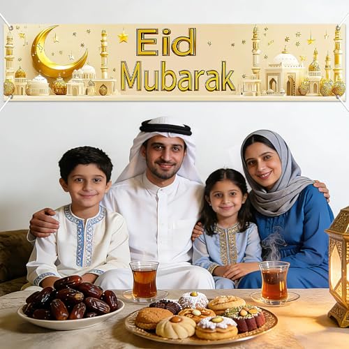 BlissYard Eid Mubarak Large Banner Backdrop 79x18Inch Festive Celebration Display for Eid Al-Fitr Al-Adha Islamic Holiday Wall Banner for Photo Background Ramadan Indoor Outdoor Event Decor
