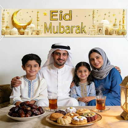 BlissYard Eid Mubarak Large Banner Backdrop 79x18Inch Festive Celebration Display for Eid Al-Fitr Al-Adha Islamic Holiday Wall Banner for Photo Background Ramadan Indoor Outdoor Event Decor