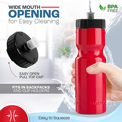 50 Strong Sports Water Bottles – Reusable 22 oz BPA-Free Plastic Bottles with Pull Top Cap – Made in USA – Top Rack Dishwasher Safe – Fits Most Bike Cages Brand - color: Red, style: 2 Pack