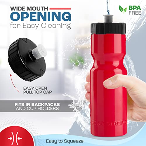 50 Strong Sports Water Bottles – Reusable 22 oz BPA-Free Plastic Bottles with Pull Top Cap – Made in USA – Top Rack Dishwasher Safe – Fits Most Bike Cages Brand - color: Red, style: 6 Pack