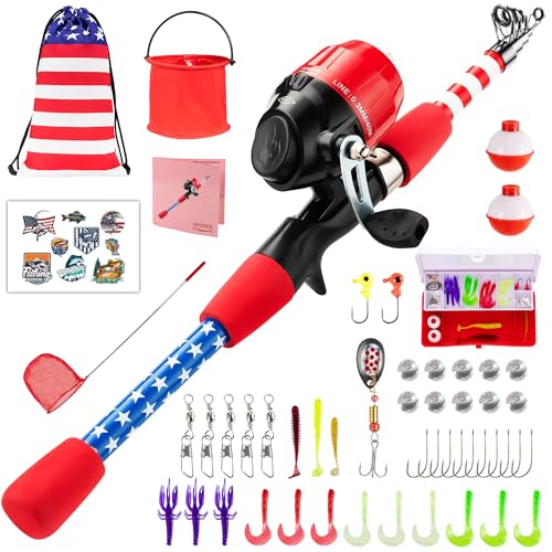 Kids Fishing Pole, Portable Telescopic Kids Fishing Poles for Boys Girls Youth, Fishing Rod and Reel Combo - color: Flag red