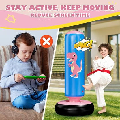 QPAU Inflatable Punching Bag, 48 Inch Stable Inflatable Boxing Bag for 3-6 Kids,Dinosaur Toy & Gifts for Boys and Girls, Kids Boxing Set for Practicing Karate, Taekwondo - color: Dinosaur Pink