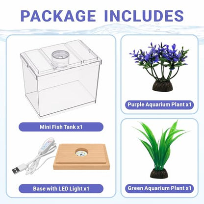 MoonOrange Mini Betta Fish Tank Kit with LED Light Base, 0.2 Gallon Temporary Holding Tank with Artificial Plants (Kit-2)