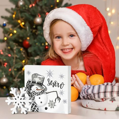 Smile Christmas Indoor Decor, Snowflake Snowman Square Sign Wooden Sign for Desk Table Shelf Office Farm Decoration Kitchen 5 x 5 Inches. - style: Snowman