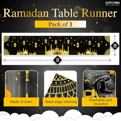 KatchOn, Black and Gold Ramadan Table Runner - 72*13 Inch | Eid Mubarak Table Runner for Eid Decorations | Ramadan Decorations | Islamic Decor