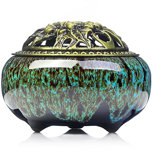 Incense Burner with Calabash Incense Stick Holder - Porcelain Charcoal Censer for Use with Resin Granular Powder Cone or Coil Incense (Kiln-Colored Blue) - color: Kiln-colored Blue