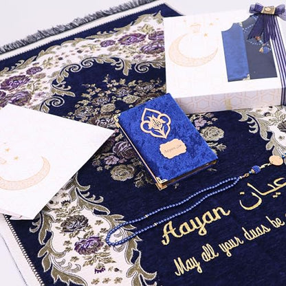 IEF Personalized Prayer Rug Prayer Beads Quran Islamic Gift Set, Ramadan Eid Hajj Umrah Wedding Birthday Mother's Day Father's Day Valentine's Day Gifts (Navy Blue) - color: Navy Blue