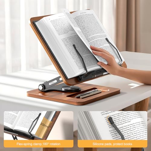 OPTIXCELL Book Stand for Reading, 360° Rotating Hands Free Book Holder, Adjustable Height and Angle, Page Clip for Cookbook, Recipe, Magazine, Laptop,Tablet, Foldable for Kitchen, Office, School - style: Book Stand