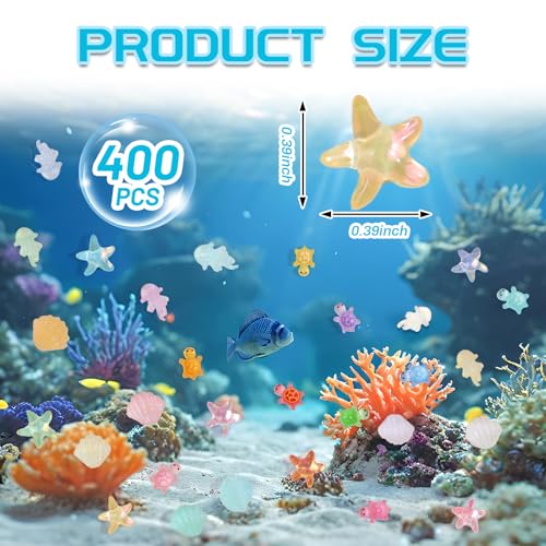 400pcs Luminous Mini Ocean Resin Animals Starfish Jellyfish Seashell Mini Turtles Set Resin Animals Tiny Sea Models for Dollhouse Miniatures DIY Fish Tank Fairy Garden Micro Landscaping - color: 400pcs Luminous Mini Sea Models