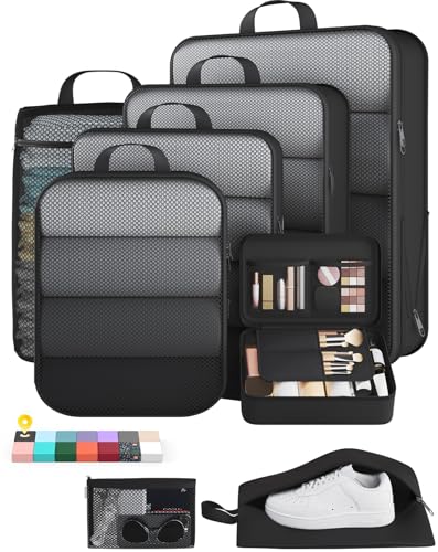 Veken 8 Set Compression Packing Cubes for Travel Essentials,Compressible Expandable Large Luggage Suitcase Organizer Bags for Clothing,Space Saver Bags with Over 1000 pcs of Mesh Holes(Black) - color: Black, size: 8 set