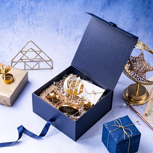 WRAPAHOLIC Eid Mubarak Gift Box with Satin Ribbon, 8x8x4 Inches Blue Collapsible Gift Box with Magnetic Closure for Eid Party, Ramadan, Gift Wrap, Storage