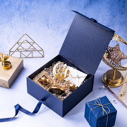 WRAPAHOLIC Eid Mubarak Gift Box with Satin Ribbon, 8x8x4 Inches Blue Collapsible Gift Box with Magnetic Closure for Eid Party, Ramadan, Gift Wrap, Storage