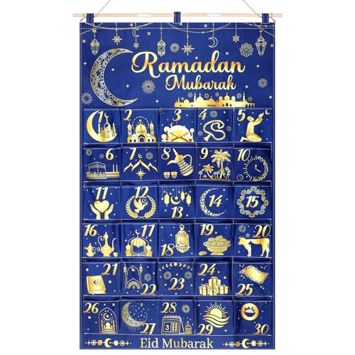 Fabric Ramadan Countdown Calendar 2026 Eid Mubarak Advent Hanging Calendar 30 Days Mystery Eid Ramadan Countdown Calendar with 30 Pockets Reusable for Home Wall Decor Party Supplies