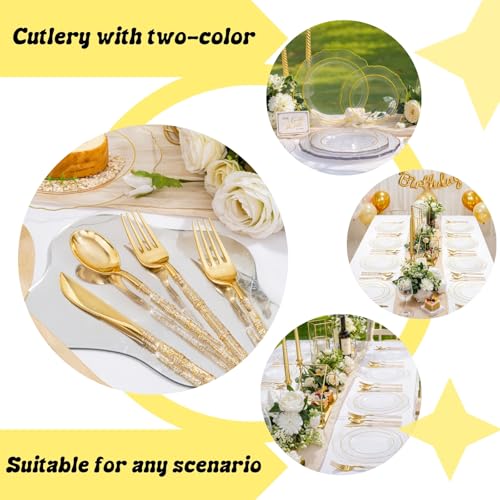 Liacere 150PCS Clear Gold Plastic Plates - Disposable Plastic Silverware with Glitter Bamboo Handle Cutlery-Baroque Clear Gold Disposable Plates for Wedding & Party & Mother's Day - color: Gold, size: Baroque Style