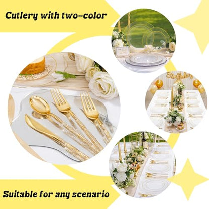 Liacere 150PCS Clear Gold Plastic Plates - Disposable Plastic Silverware with Glitter Bamboo Handle Cutlery-Baroque Clear Gold Disposable Plates for Wedding & Party & Mother's Day - color: Gold, size: Baroque Style