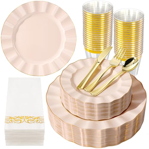 175PCS Pink Plastic Dinnerware Set, Wavy Plates for 25 Guests - color: Pink