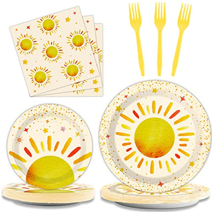 96 Pieces First Trip Around The Sun Decorations Sunshine Birthday Party Plates Boho Sun Disposable Plates Napkins Folks Paper Tableware Set for 1st Trip Around The Sun Birthday Girls Boys Supplies - style: Boho Sun
