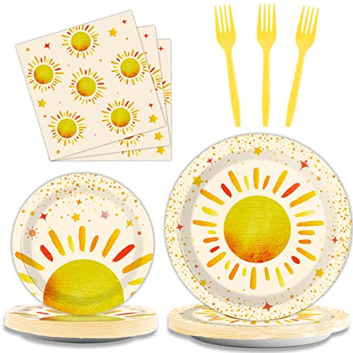 96 Pieces First Trip Around The Sun Decorations Sunshine Birthday Party Plates Boho Sun Disposable Plates Napkins Folks Paper Tableware Set for 1st Trip Around The Sun Birthday Girls Boys Supplies - style: Boho Sun