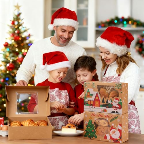 24 Pack Christmas Cookie Boxes - 8.25"x6"x2.75" Brown Kraft Bakery Box with Window for Holiday Treats, Gift Exchange Box for Baked Goods, Cookie Tins with Lids for Gift Giving - color: Christmas-Brown