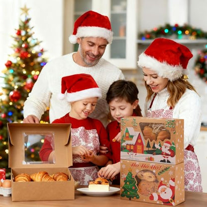 24 Pack Christmas Cookie Boxes - 8.25"x6"x2.75" Brown Kraft Bakery Box with Window for Holiday Treats, Gift Exchange Box for Baked Goods, Cookie Tins with Lids for Gift Giving - color: Christmas-Brown