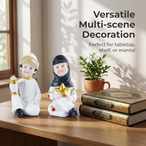 Ramadan Decorations for Home Set of 2 Resin Muslim Boy and Girl Figurines Holding Lantern and Star Islamic Decor Eid Mubarak Table Centerpieces for Iftar Office Desktop Display