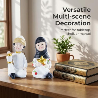 Ramadan Decorations for Home Set of 2 Resin Muslim Boy and Girl Figurines Holding Lantern and Star Islamic Decor Eid Mubarak Table Centerpieces for Iftar Office Desktop Display