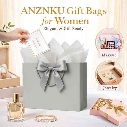ANZNKU 2PCS Gray Gift Bags Medium for Women & Men, Gift Bags with Handles 4 Tissue Paper 2 Ribbons 2 Cards for Wedding Birthday Bridal Baby Shower Graduation Engagement Party Favors Present Wrap Set - color: Cloudy Gray