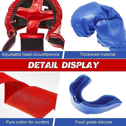 Kanayu 14 Pcs Boxing Gloves and Headgear Set for Beginners Youth 16 Ounce Boxing Gloves Headgear Helmet Hand Wraps Mouth Guards Equipment for Beginners Training Equipment Gifts - color: Red, Blue