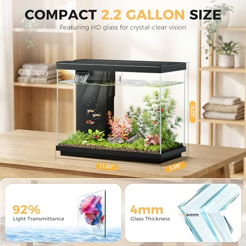 2.2 Gallon Small Fish Tank, Betta Fish Aquariums Black | with 4-in-1 Filter Pump, LED Light, Temperature Display, Fan & Surface Intake Design, for Home Office, Beginner Friendly