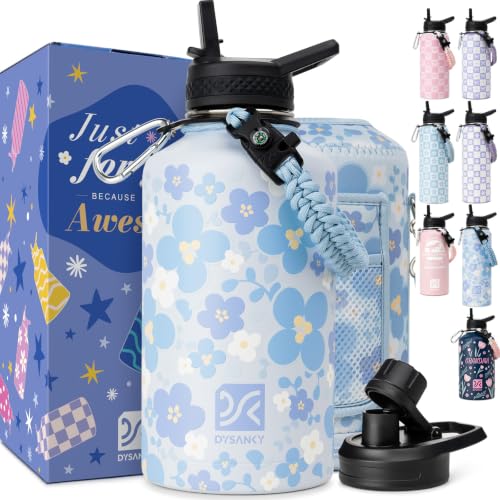 DYSANKY Water Bottle Gift– 64 oz Insulated Stainless Steel Bottle with Carrier Bag, Strap & Gift Box – BPA-Free – Ideal for Hiking, Camping & Travel - Blue Flower 64 oz - color: Blue Flower, size: 64 Ounces