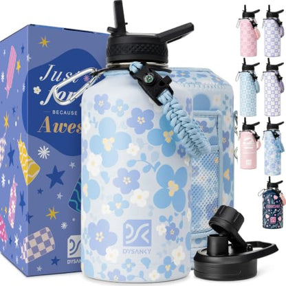 DYSANKY Water Bottle Gift– 64 oz Insulated Stainless Steel Bottle with Carrier Bag, Strap & Gift Box – BPA-Free – Ideal for Hiking, Camping & Travel - Blue Flower 64 oz - color: Blue Flower, size: 64 Ounces