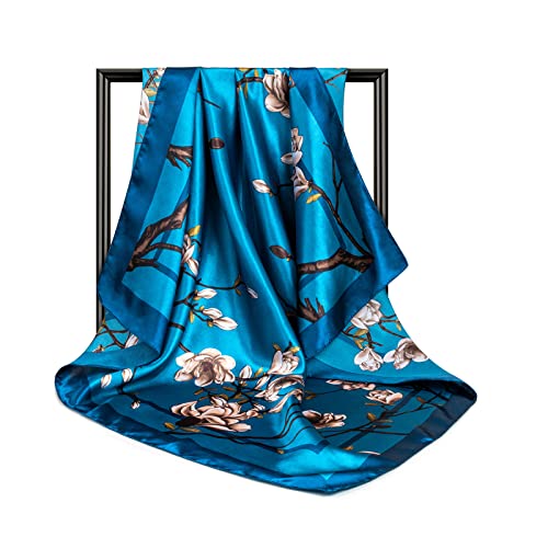 DRESHOW 35” Large Square Satin Head Scarf - 4Pcs Silk Accessories Classic Patterned Squares Beach Bandanas for Women - color: 4 Pcs: White, Orange, Black, Blue