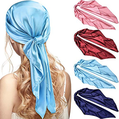 Syhood 4 Pcs 35 Inch Head Satin Large Bandana Satin Scarves Head Scarf for Women's Hair Square Scarf - color: Wine Red, Navy Blue, Sky Blue, Skin Pink
