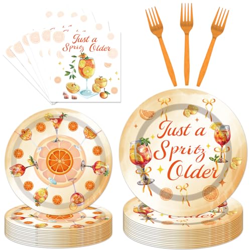 EUOYUFO 96Pcs Aperol Sprit Party Decorations Tableware Set Just A Spirity Older Paper Plates Napkins Forks Sprit Cocktail Birthday Bachelorette Bridal Shower Bar Theme Party Supplies Serve 24 Guests - color: A Spirity Older