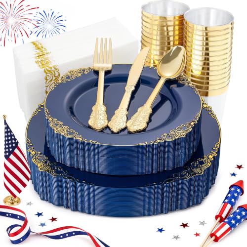 Nervure 175PCS Blue Plastic Plates - Blue Gold Plastic Dinnerware Set Disposable Include 50 Plates for Dinner and Dessert, 25Knives, 25Spoons, 25Forks, 25Cups, 25Napkins for Weddings & 4th of July - color: Navy, style: 175Pcs(25Guests)