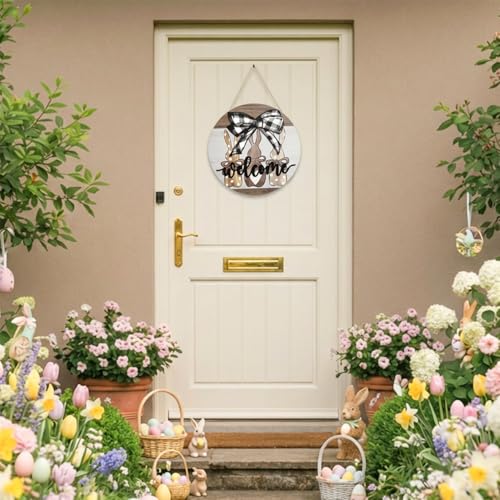 Smile Round Wooden Easter Welcome Sign - Plaid Bow & Polka Dot Bunny Design, Farmhouse Style Hanging Door Decor for Spring Holiday Home Accent - style: Easter Bow
