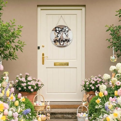 Smile Round Wooden Easter Welcome Sign - Plaid Bow & Polka Dot Bunny Design, Farmhouse Style Hanging Door Decor for Spring Holiday Home Accent - style: Easter Bow