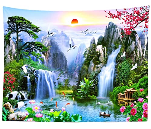 BELECO 5x4ft Fabric Fairyland Mountain Lake Photography Backdrop Waterfalls Swans Fish Flowers Dreamy Natural Landscape Painting Background Wall Murals Home Decor Kids Adults Portrait Photoshoot - size: 5x4FT
