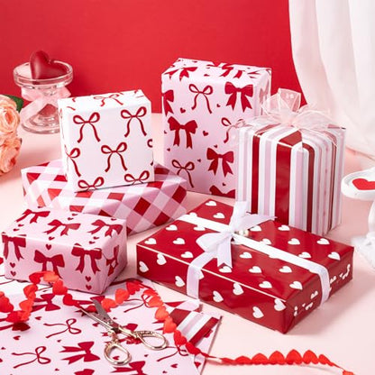 RUSPEPA Valentine's Day Wrapping Paper Sheets, Red and Pink Heart, Bow, Stripe and Plaid Design, Romantic Gift Wrap for Girls, Birthday, Anniversary, Bridal Shower, 6 Folded Sheets, 19.68 X 27.5 Inch - color: Romantic Design