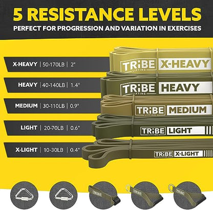 Long Resistance Bands Set, 5 Pull Up Assistance Bands for Working Out | 5 resistance levels, natural latex construction, exercise bands for strength training, stretching and physical therapy - color: Green 2